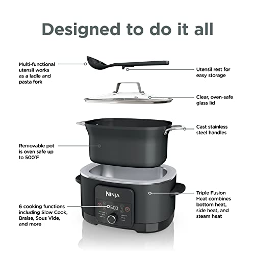 8.5 Quart 6-in-1 Multi-Cooker – Sous Vide, Slow Cooker, Dutch Oven, Oven Safe Pot, Glass Lid & Spoon, Black
