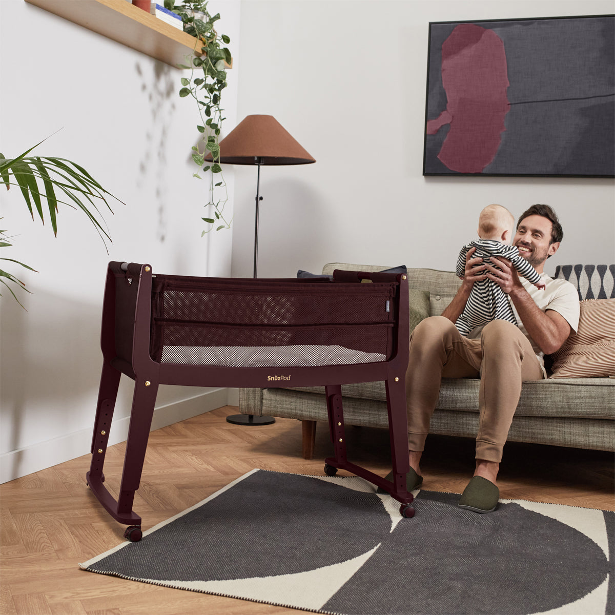 SnuzPod Studio Bedside Crib with mattress - Rome Burgundy