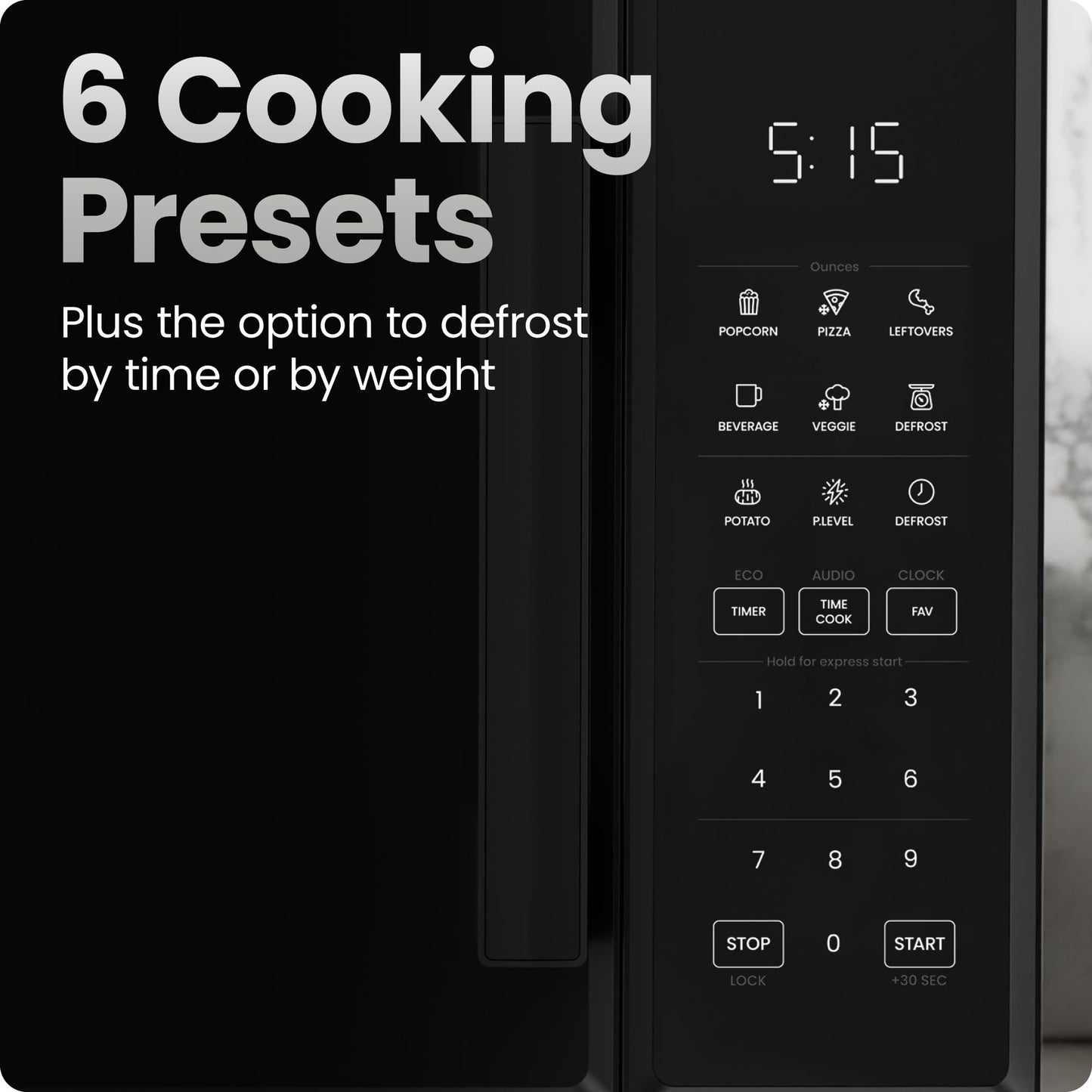 0.9 Cu Ft Compact Countertop Microwave – 900W, 10 Power Levels, Express Cook, Eco Mode, Child Safety Lock, Black