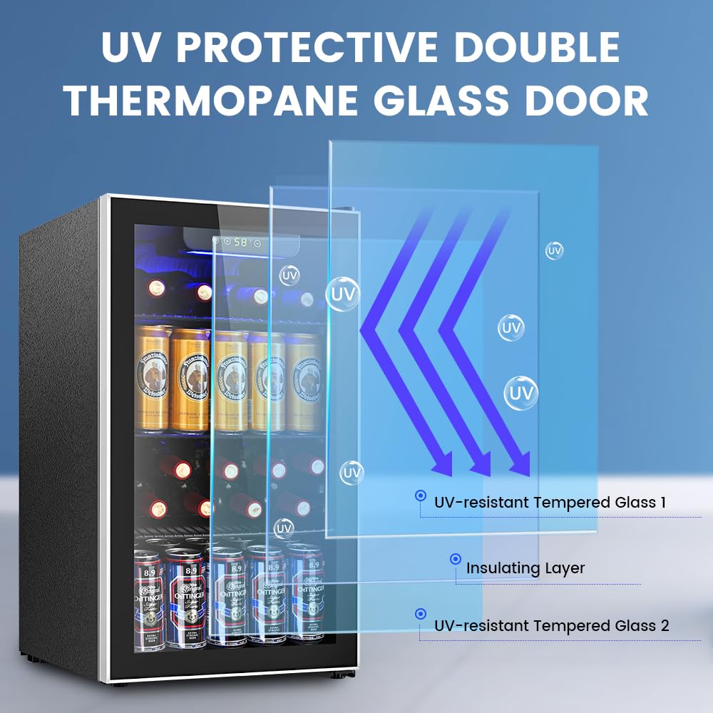 3.2 Cu Ft Beverage Mini Fridge – 130 Can Drink Cooler with Adjustable Temp Control, Black