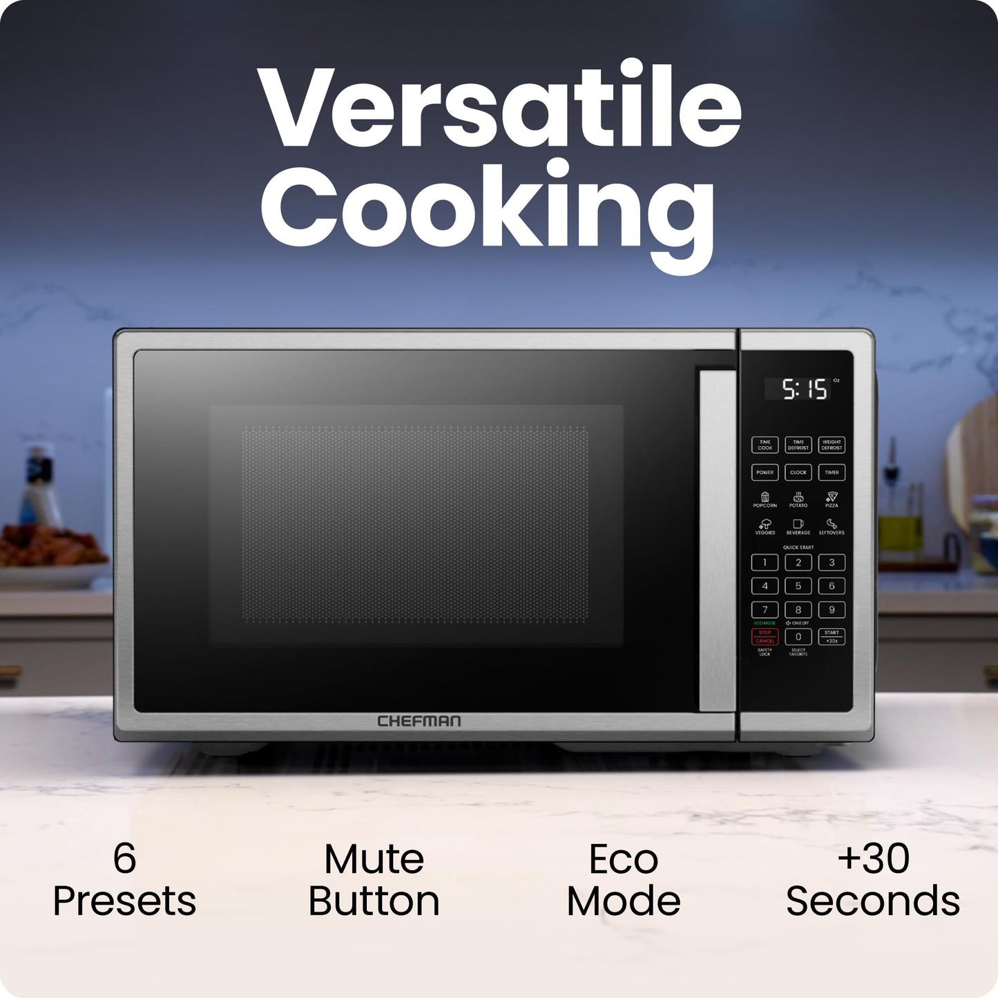 1.1 Cu Ft Digital Countertop Microwave – 1000W, Stainless Steel, 6 Auto Menus, Eco Mode, Child Safety Lock