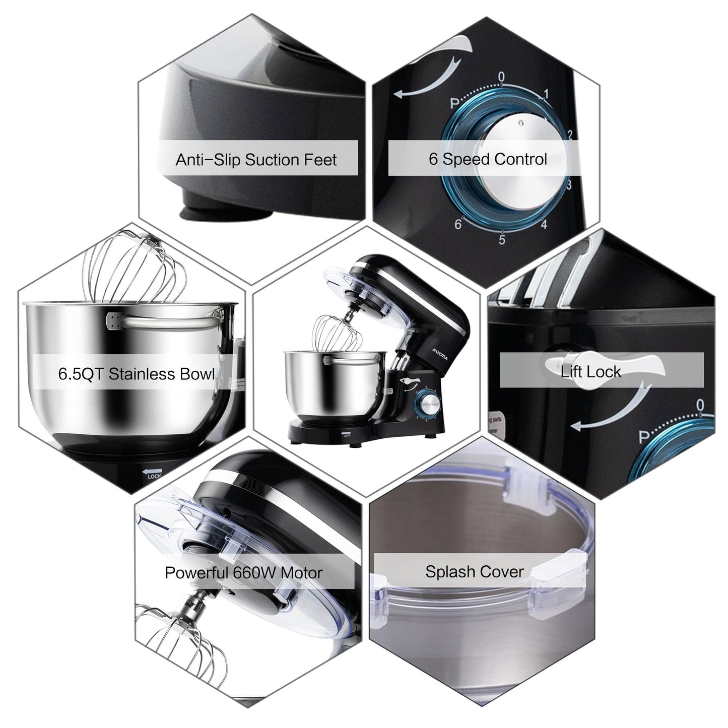6.5 Quart Tilt-Head Stand Mixer – 660W, 6-Speed, with Dough Hook, Beater & Whisk Attachments, Black