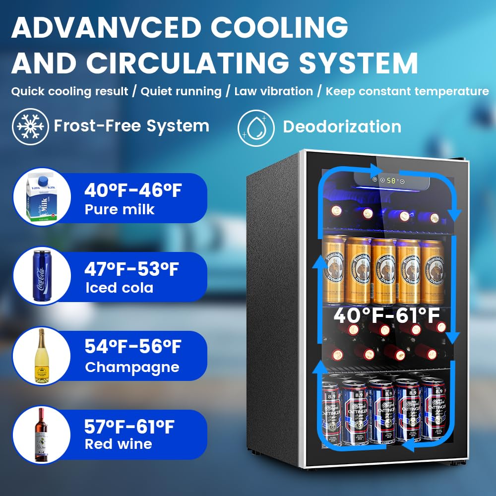 3.2 Cu Ft Beverage Mini Fridge – 130 Can Drink Cooler with Adjustable Temp Control, Black