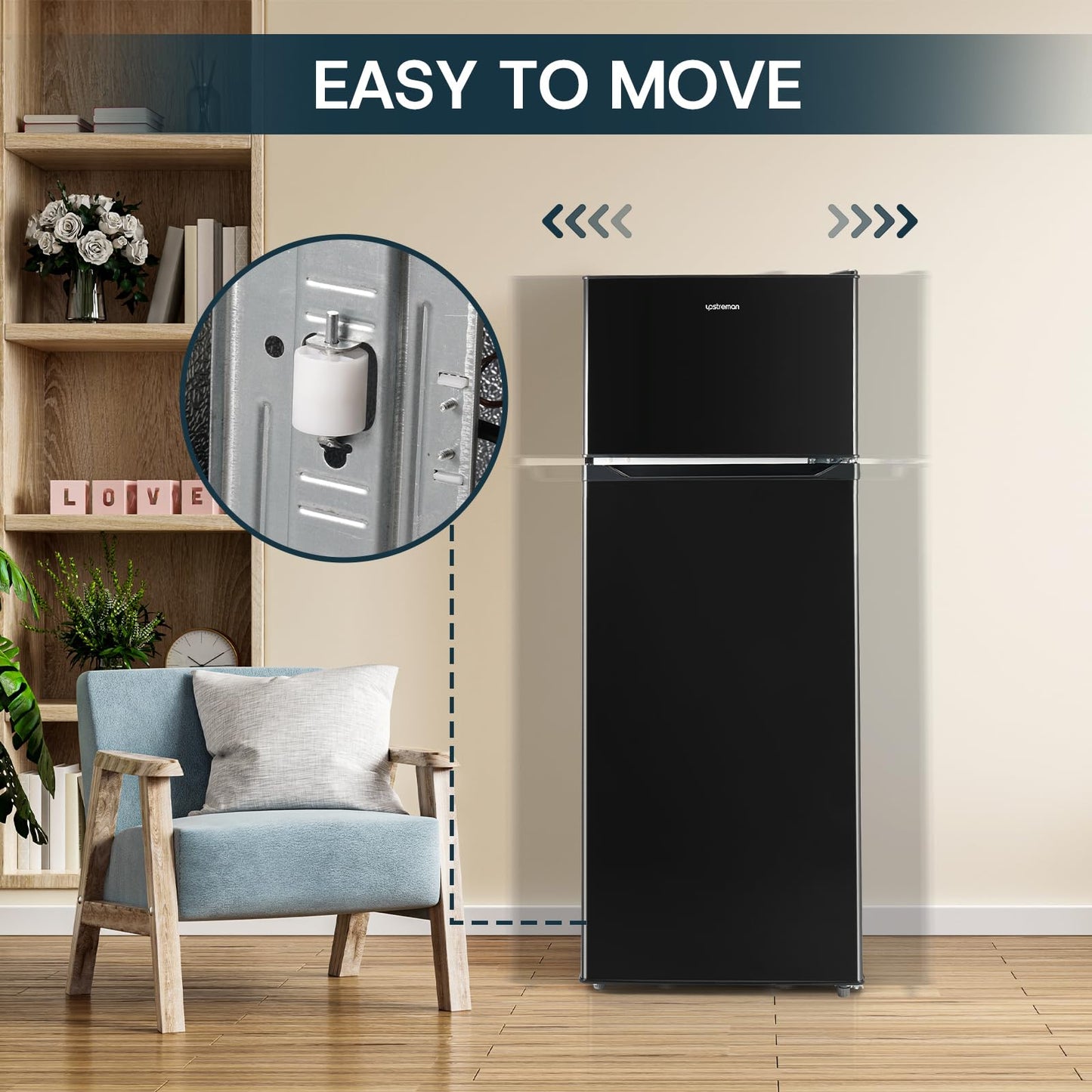 7.7 Cu Ft Double Door Refrigerator Freezer – Large Capacity, Adjustable Thermostat, Black (BD75)