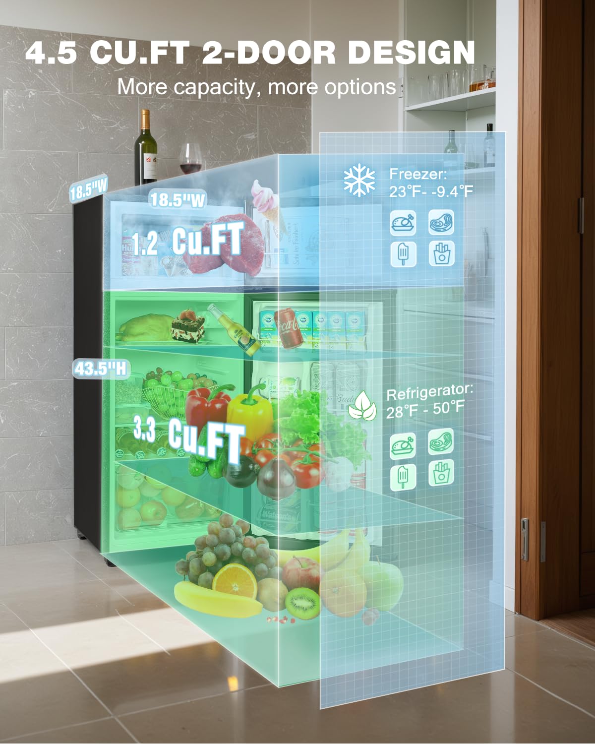 4.5 Cu Ft Double Door Refrigerator Freezer – Small Dorm Apartment Fridge, Adjustable Temp, Black