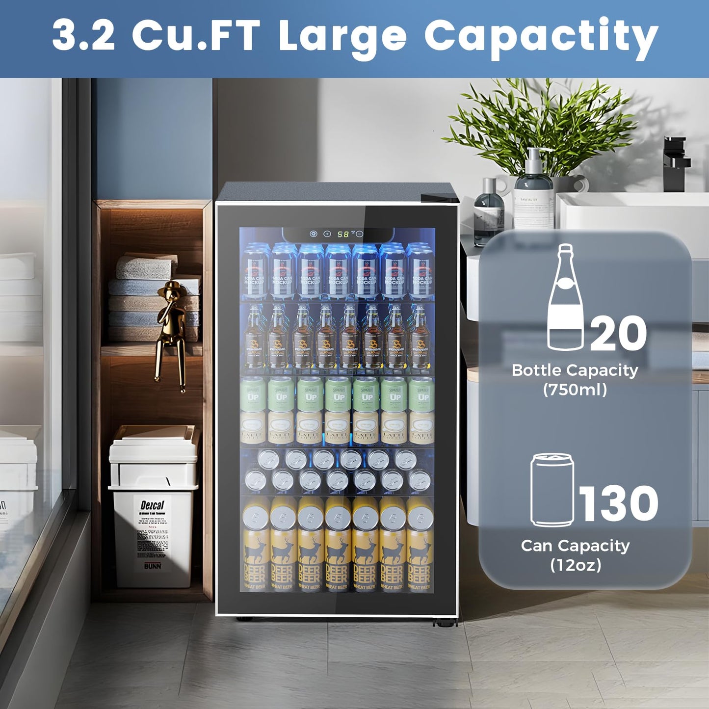 3.2 Cu Ft Beverage Mini Fridge – 130 Can Drink Cooler with Adjustable Temp Control, Black