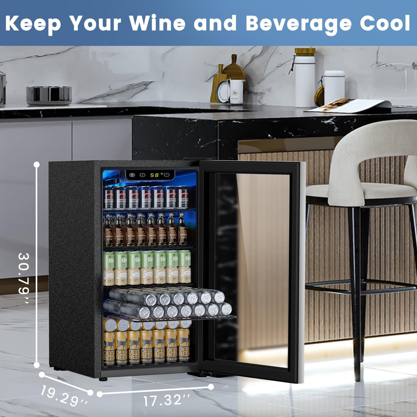 3.2 Cu Ft Beverage Mini Fridge – 130 Can Drink Cooler with Adjustable Temp Control, Black