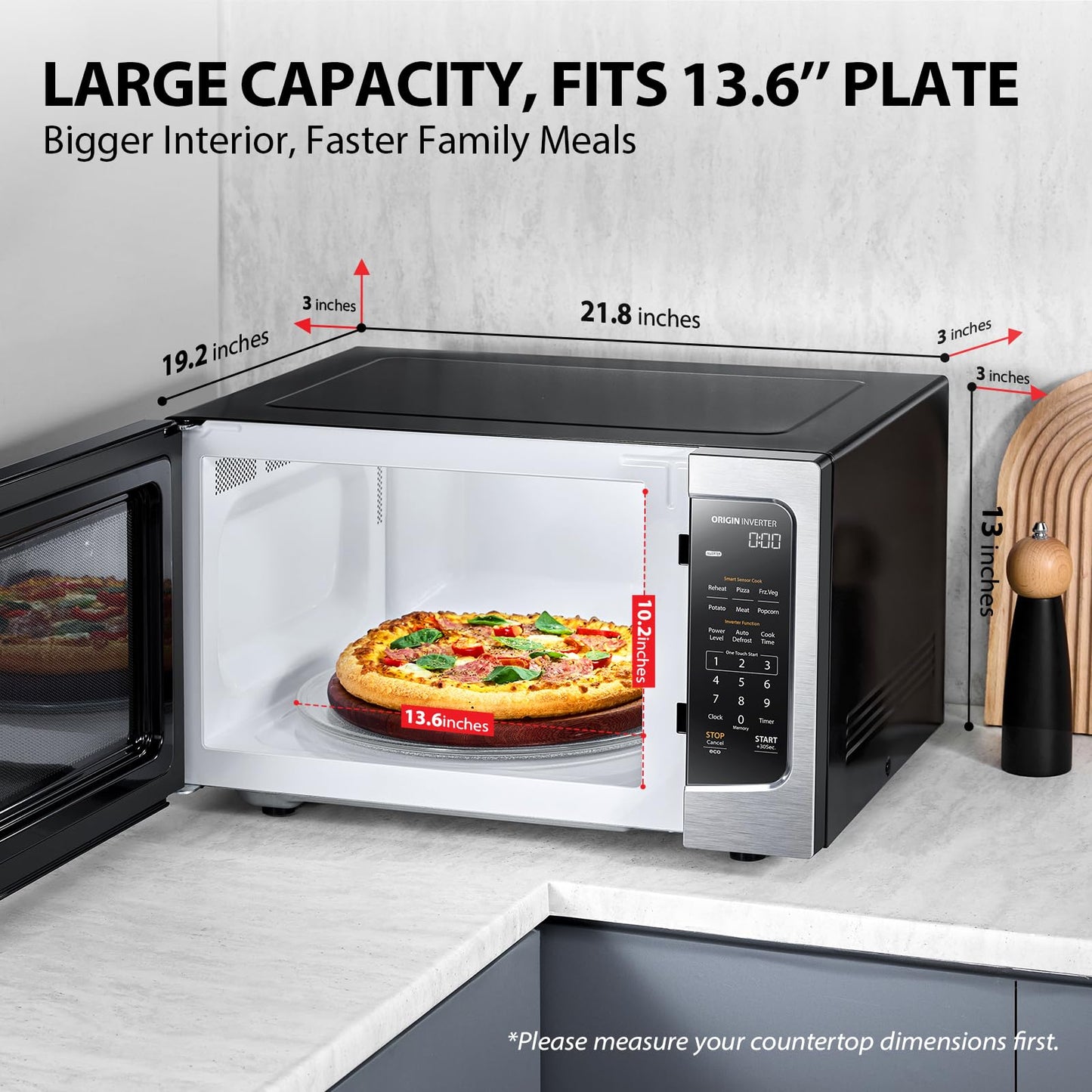 1.6 Cu Ft Countertop Microwave Oven – 1250W, Inverter Technology, Smart Sensor, Auto Defrost, Stainless Steel