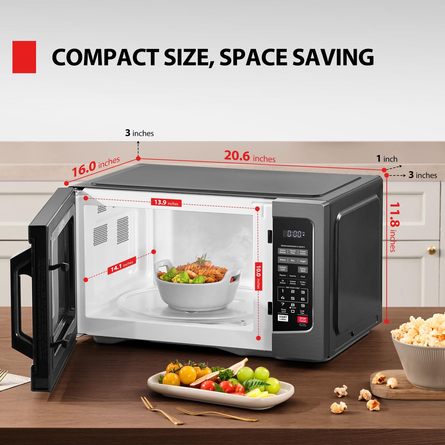 1.2 Cu Ft Countertop Microwave Oven – 1000W, Smart Humidity Sensor, 12 Auto Menus, Easy Clean Interior, Black