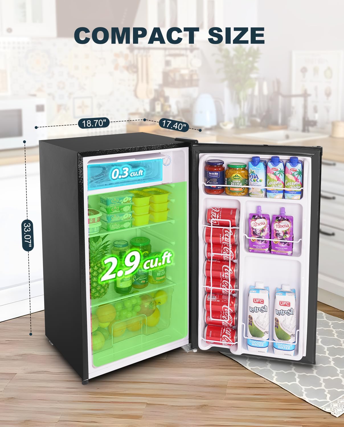 3.2 Cu Ft Mini Fridge Freezer – Single Door Dorm Refrigerator with Adjustable Thermostat, Black