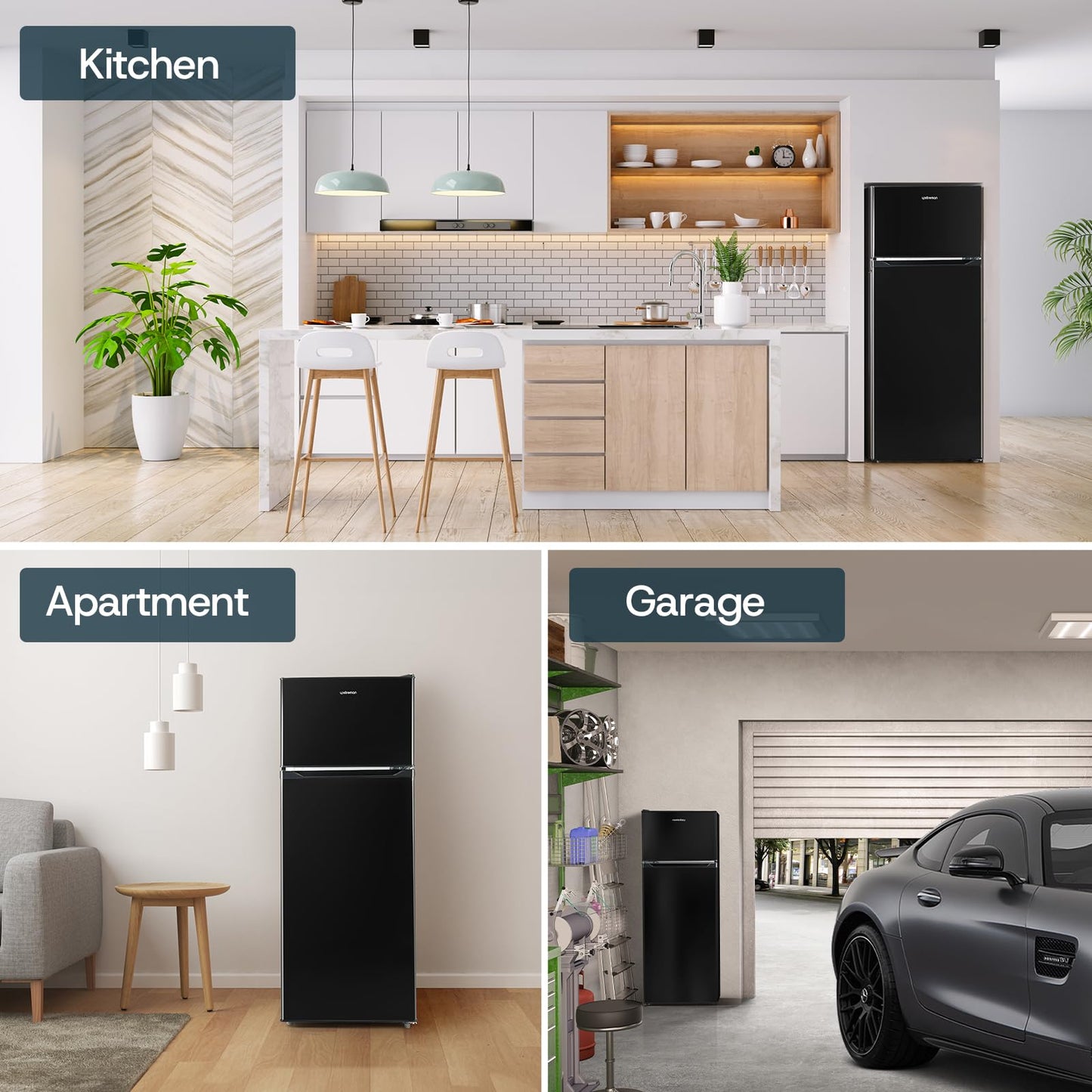7.7 Cu Ft Double Door Refrigerator Freezer – Large Capacity, Adjustable Thermostat, Black (BD75)