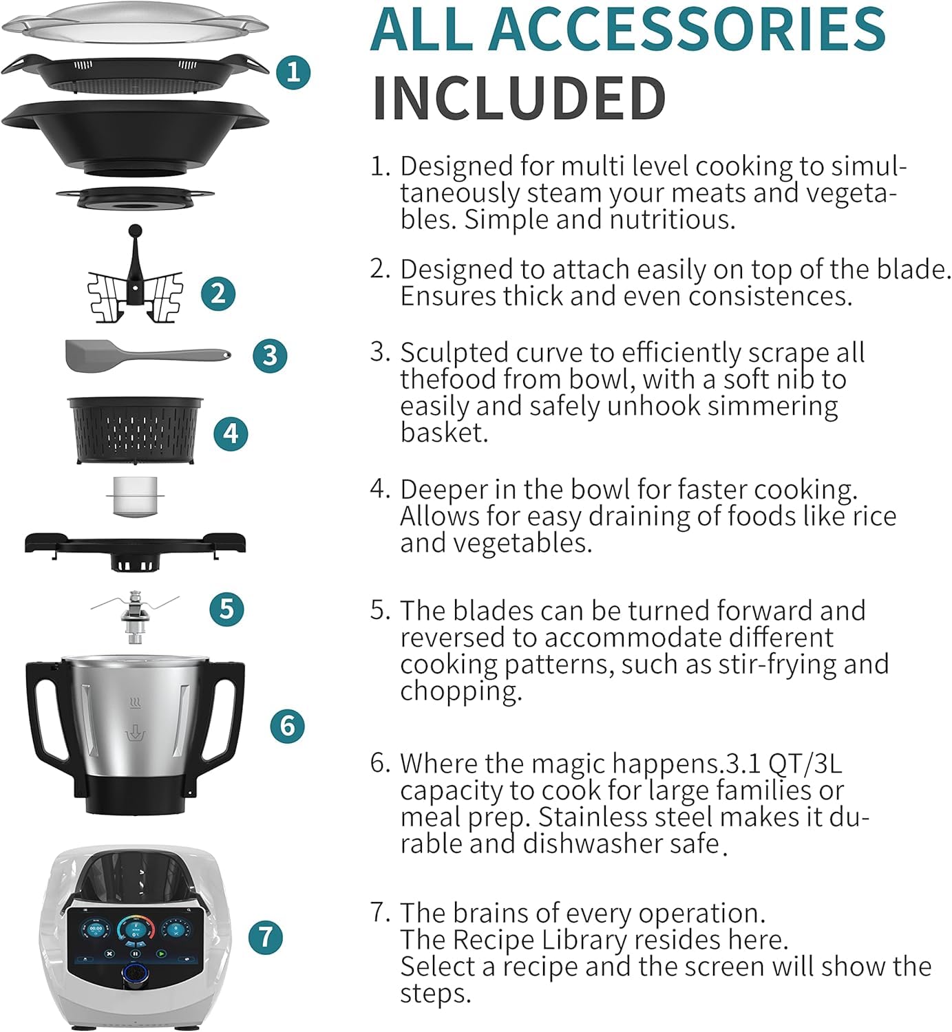 Smart Food Processor Cooking Machine – 3.5L Capacity, Built-In Scale, 7" Touch Screen, Multifunctional Kitchen Appliance