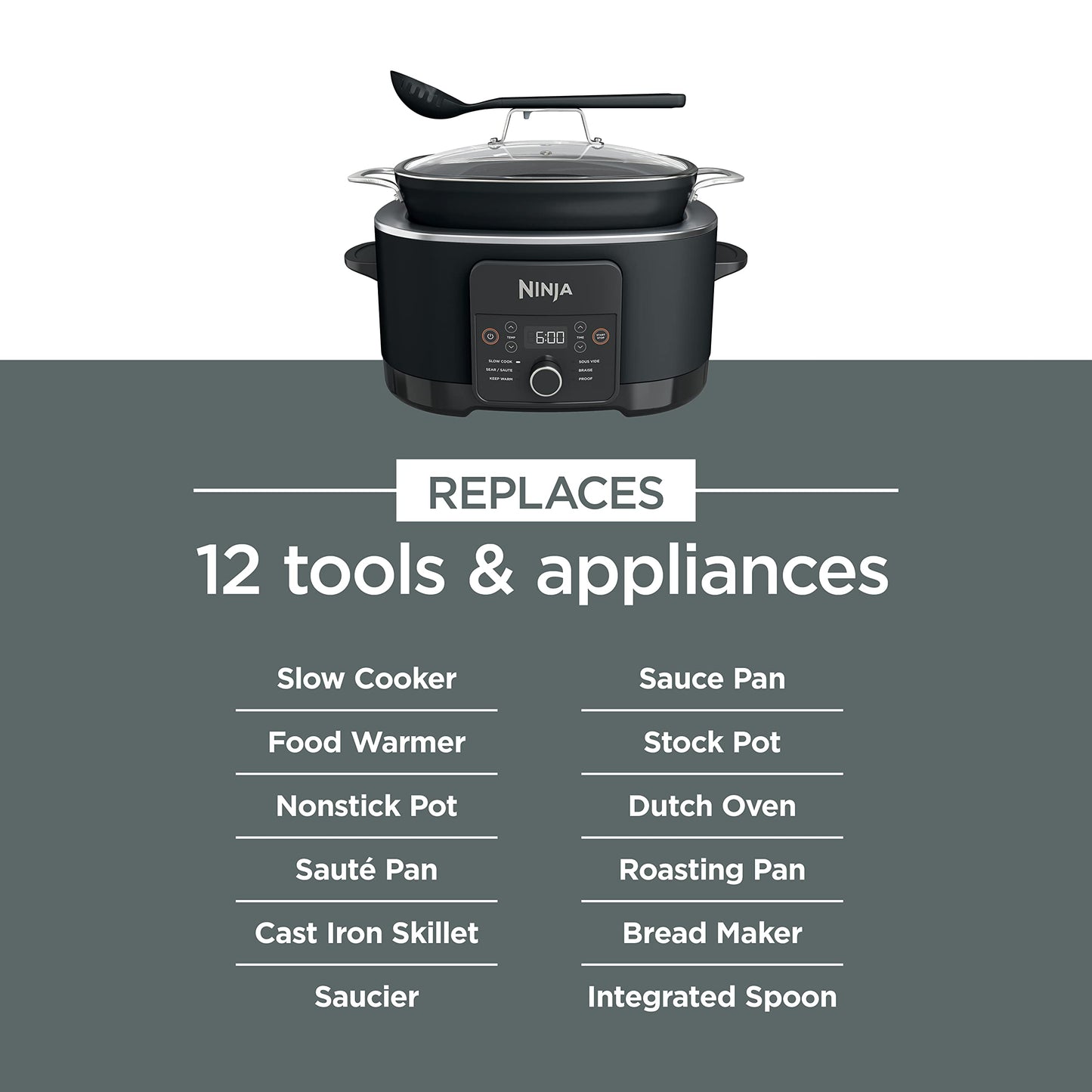 8.5 Quart 6-in-1 Multi-Cooker – Sous Vide, Slow Cooker, Dutch Oven, Oven Safe Pot, Glass Lid & Spoon, Black