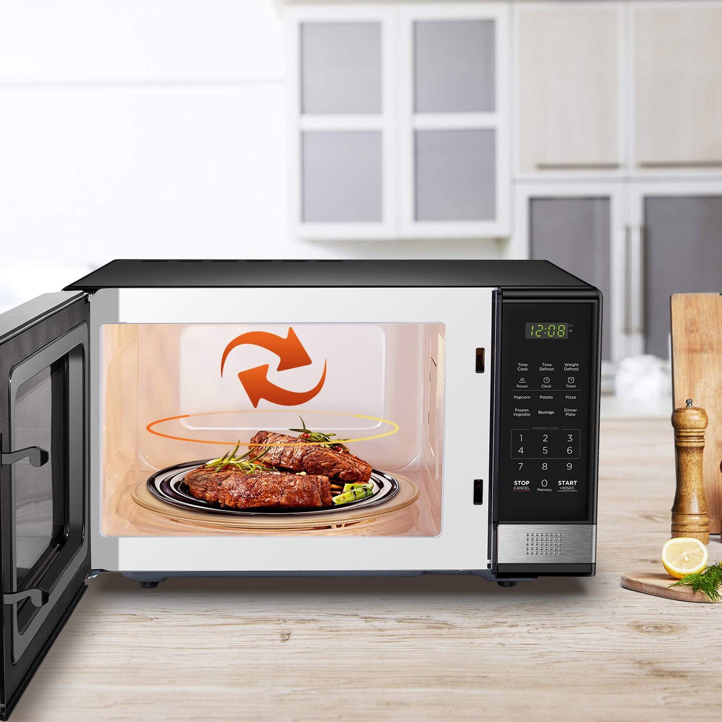 1.1 Cu Ft Digital Microwave Oven – 1000W, Push-Button Door, Turntable, Child Safety Lock, Black Stainless Steel