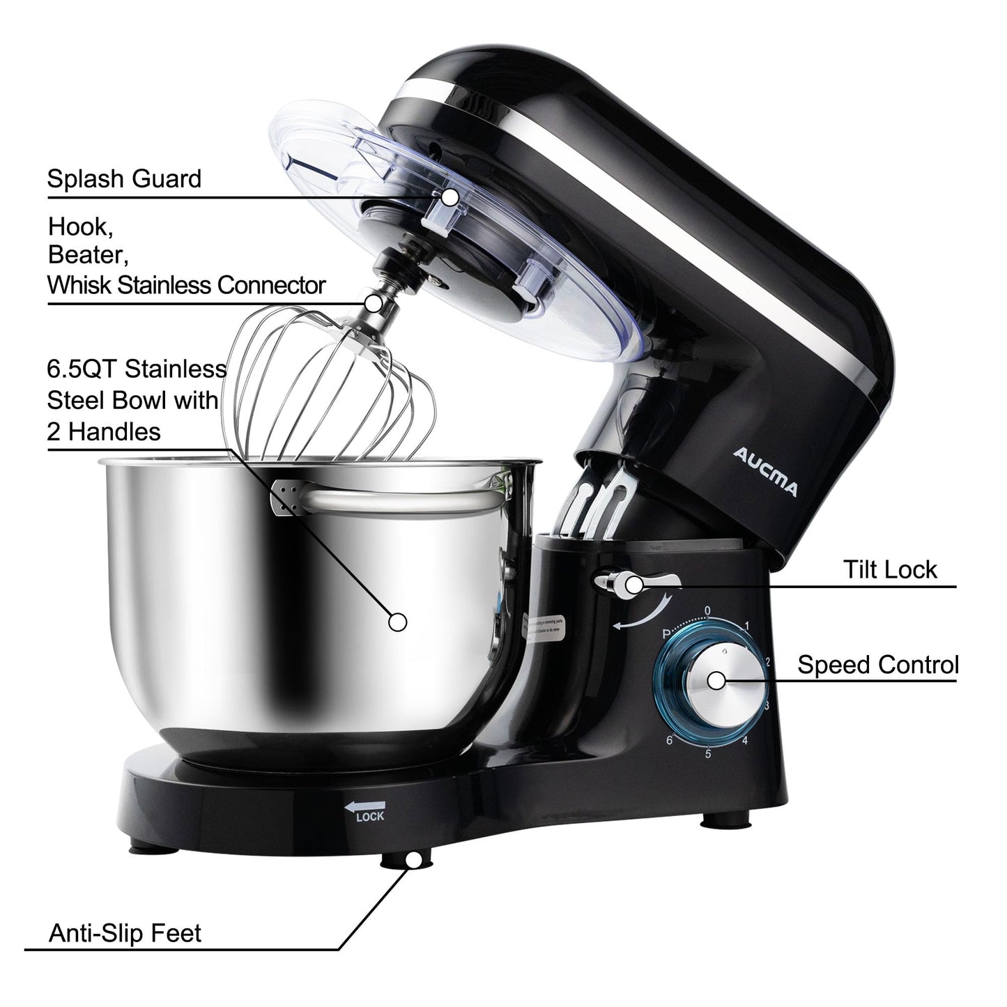 6.5 Quart Tilt-Head Stand Mixer – 660W, 6-Speed, with Dough Hook, Beater & Whisk Attachments, Black