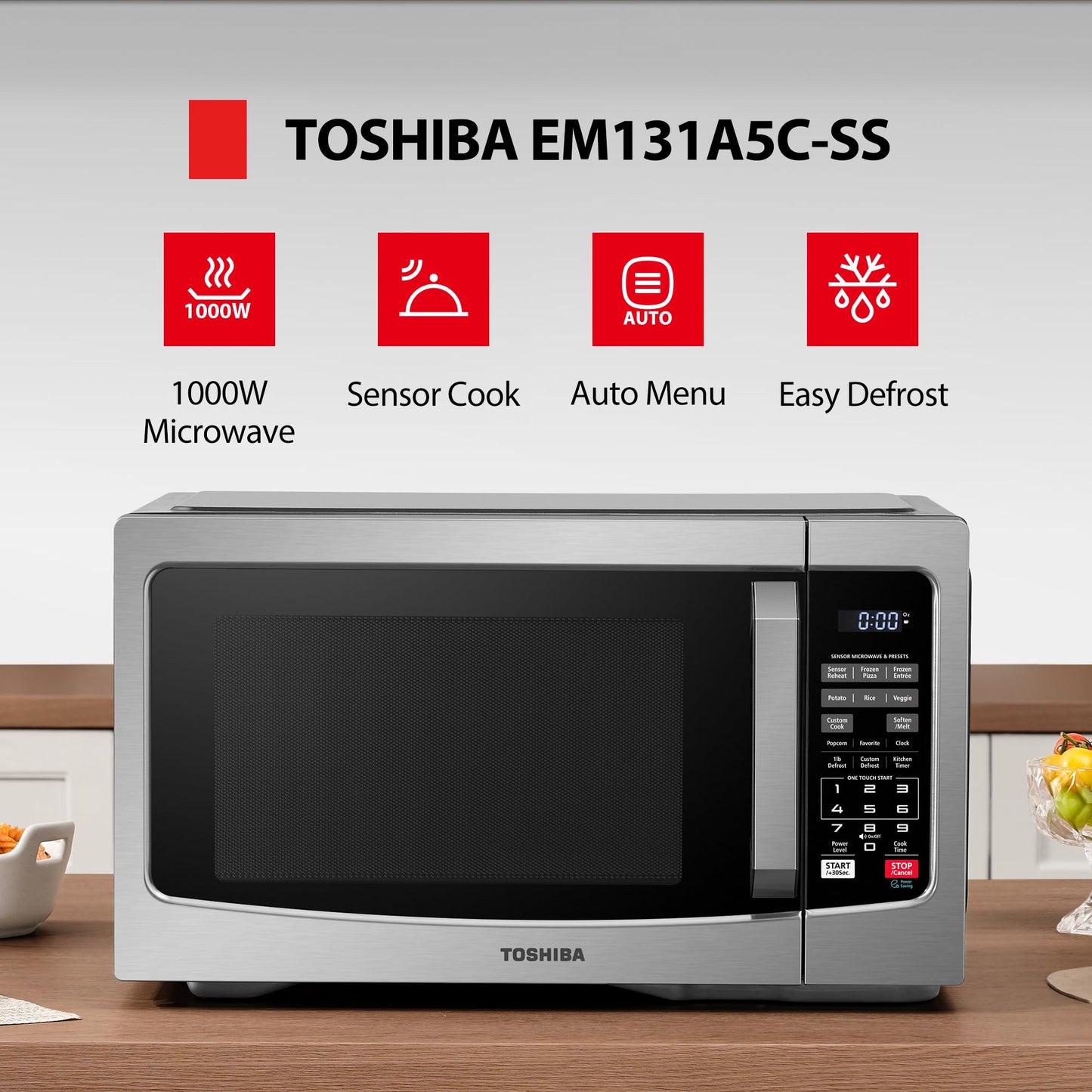 1.2 Cu Ft Countertop Microwave Oven – 1000W, Smart Humidity Sensor, Auto Menus, Easy Clean Interior, Silver