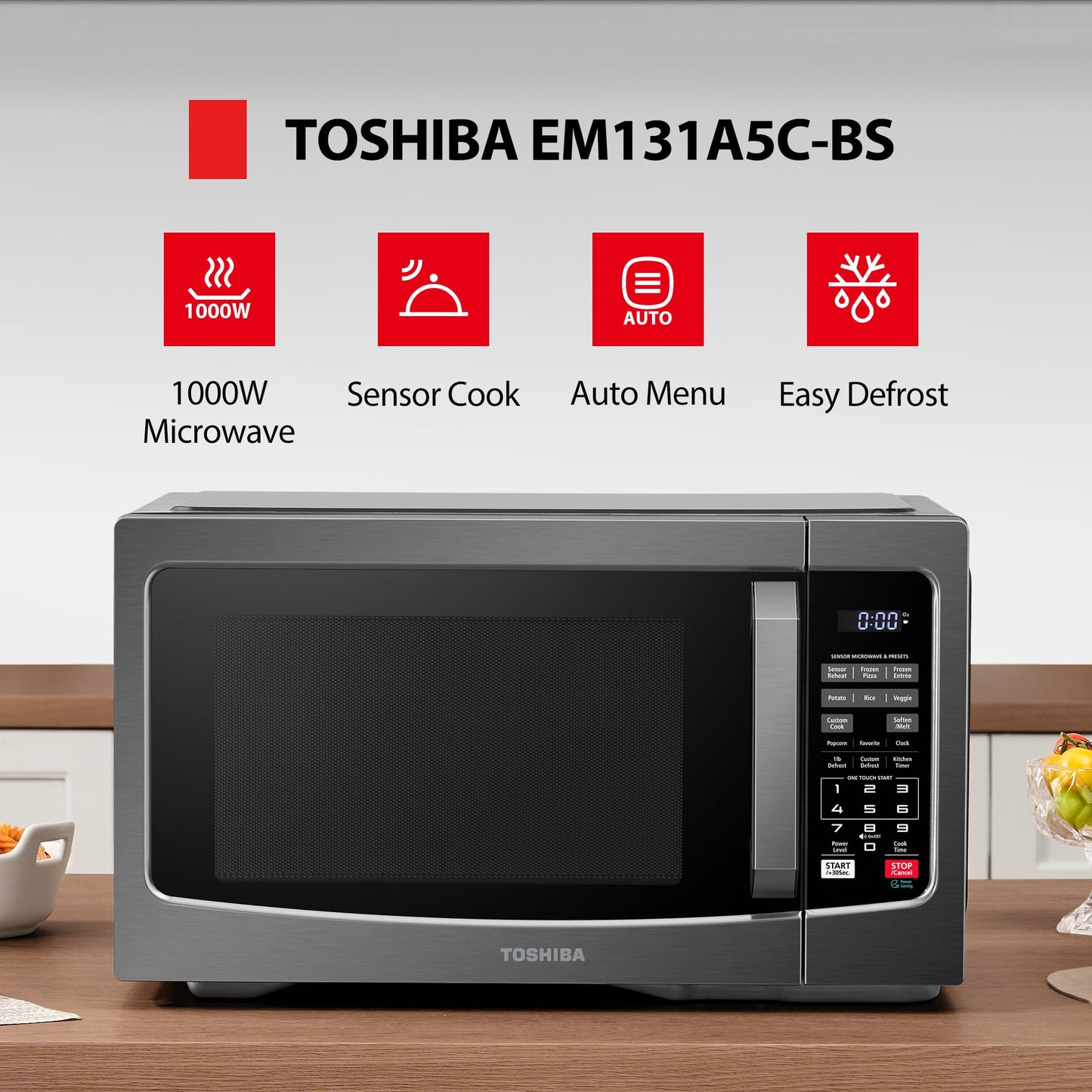 1.2 Cu Ft Countertop Microwave Oven – 1000W, Smart Humidity Sensor, 12 Auto Menus, Easy Clean Interior, Black