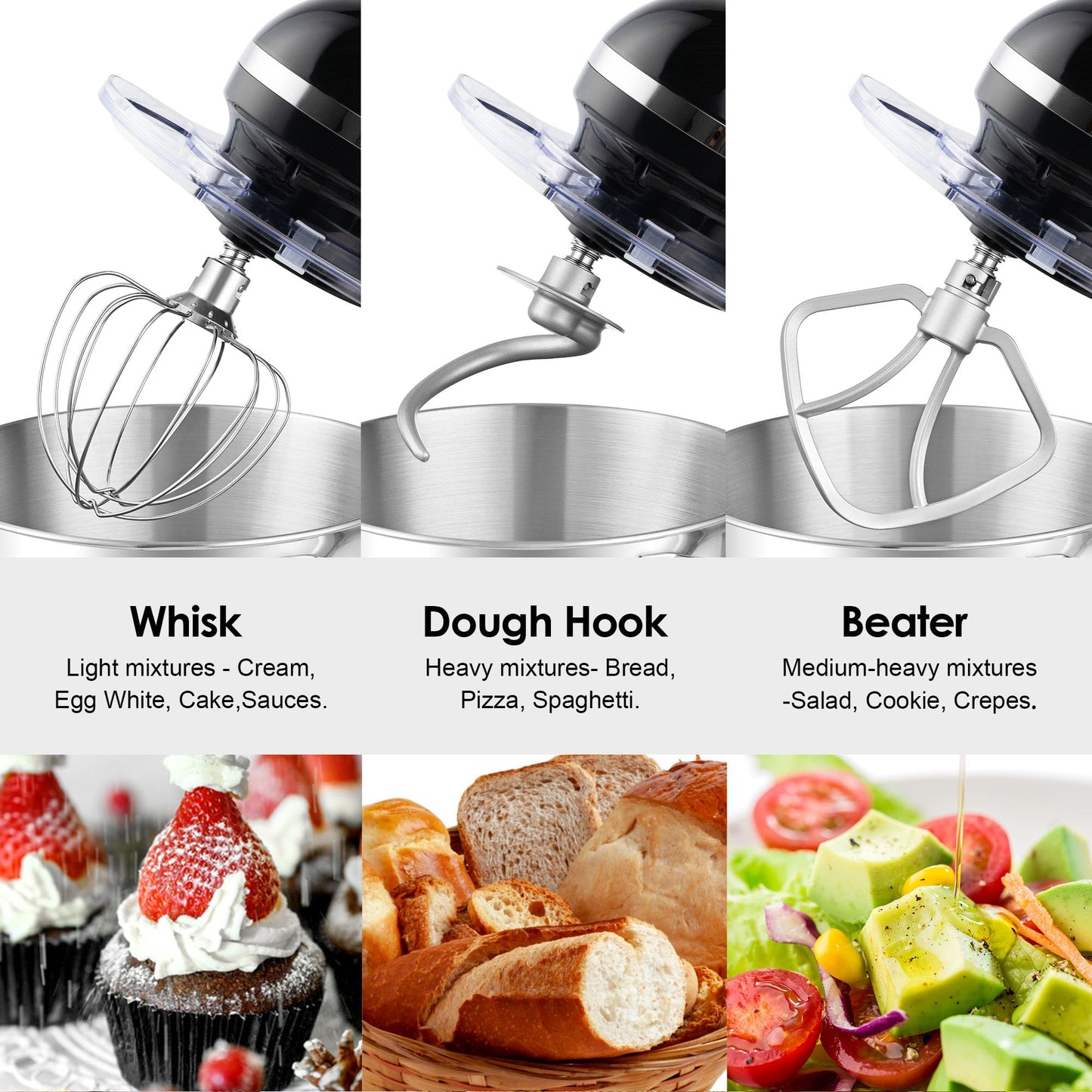 6.5 Quart Tilt-Head Stand Mixer – 660W, 6-Speed, with Dough Hook, Beater & Whisk Attachments, Black