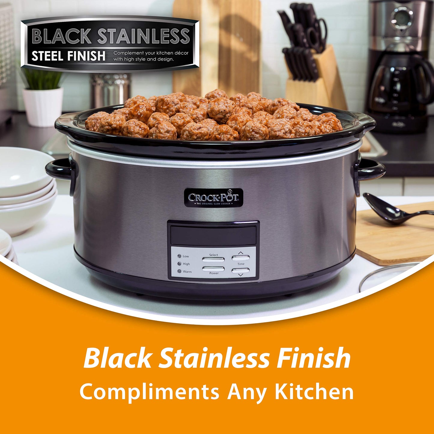 8 Quart Programmable Slow Cooker – Large Capacity, Digital Controls, Auto Warm Setting, Black Stainless Steel