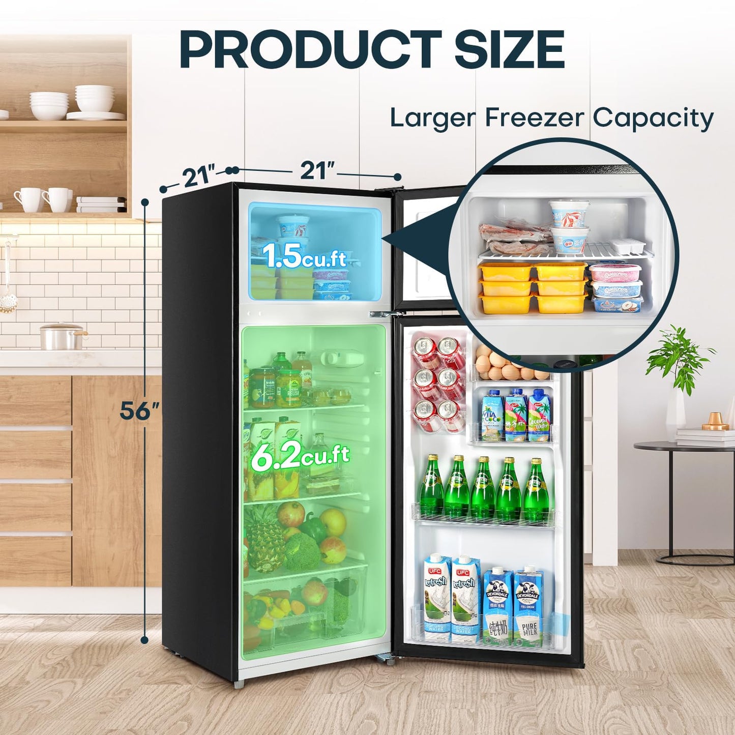 7.7 Cu Ft Double Door Refrigerator Freezer – Large Capacity, Adjustable Thermostat, Black (BD75)