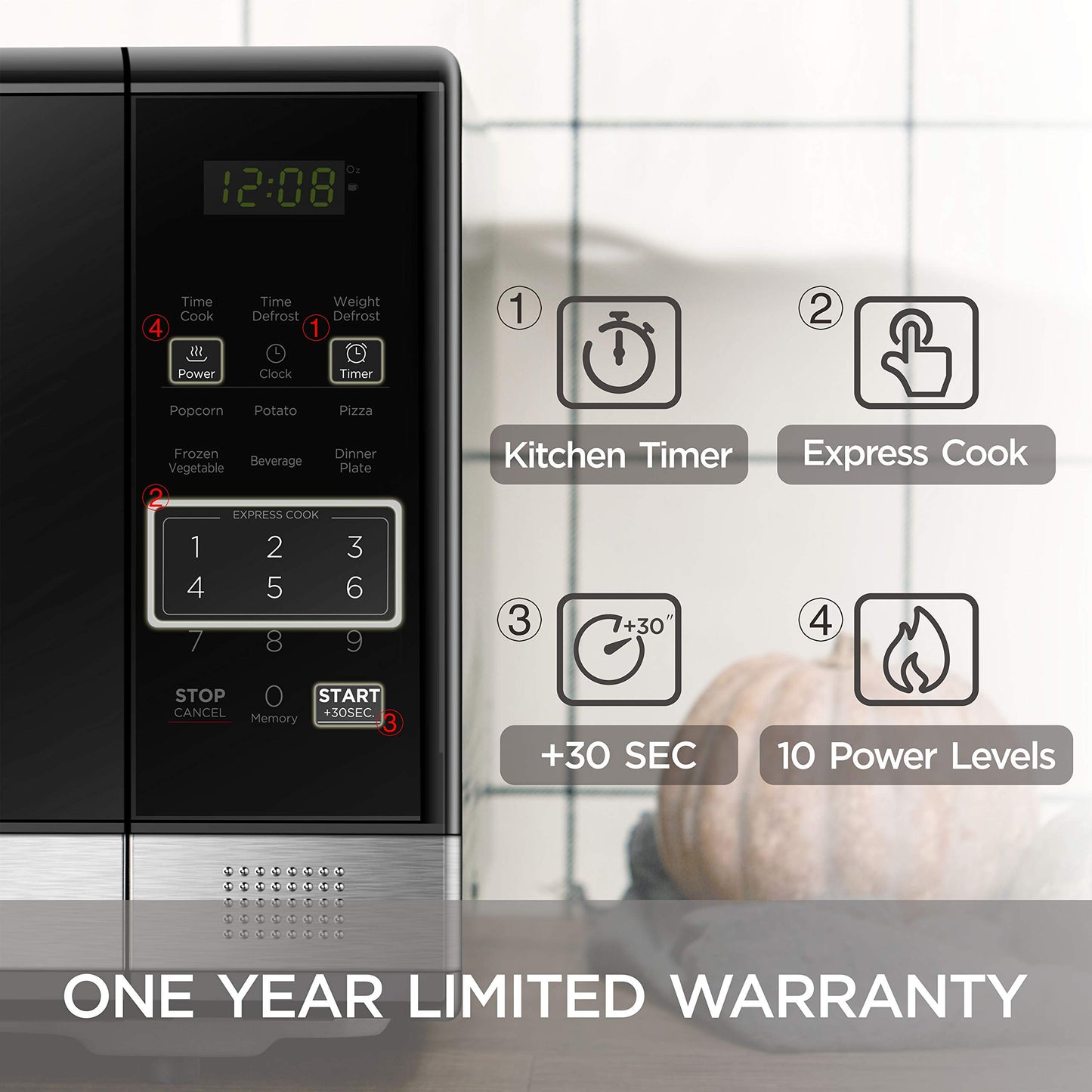 1.1 Cu Ft Digital Microwave Oven – 1000W, Push-Button Door, Turntable, Child Safety Lock, Black Stainless Steel