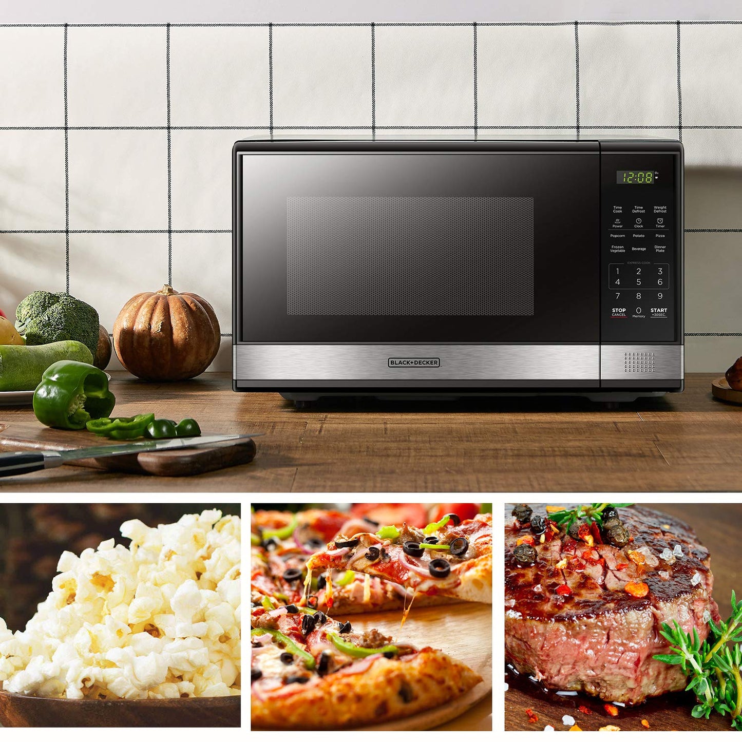 1.1 Cu Ft Digital Microwave Oven – 1000W, Push-Button Door, Turntable, Child Safety Lock, Black Stainless Steel