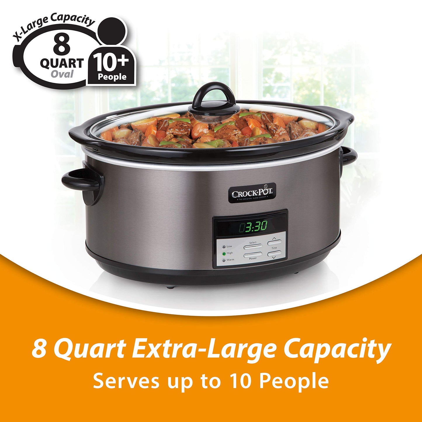 8 Quart Programmable Slow Cooker – Large Capacity, Digital Controls, Auto Warm Setting, Black Stainless Steel
