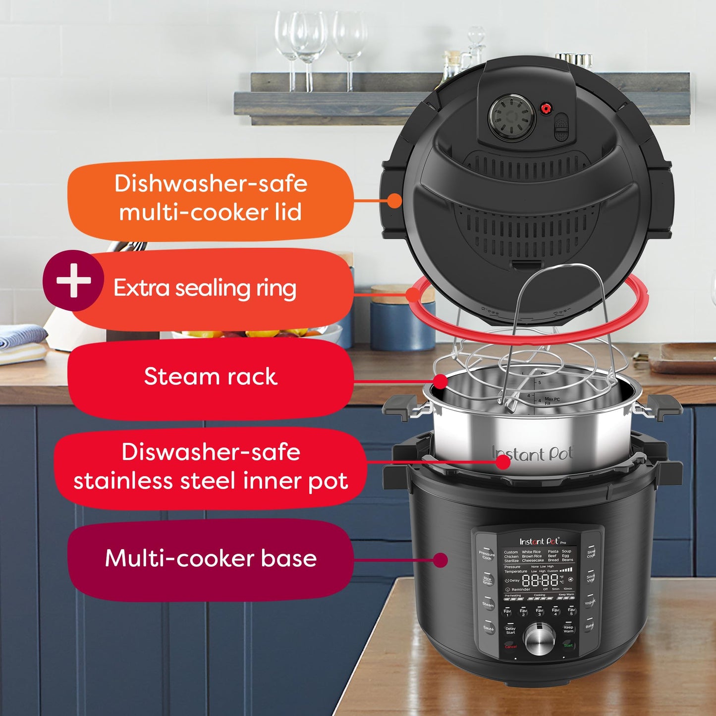 8 Quart 10-in-1 Multi-Cooker – Pressure Cooker, Slow Cooker, Rice & Grain, Steamer, Sauté, Sous Vide, Yogurt Maker, Black