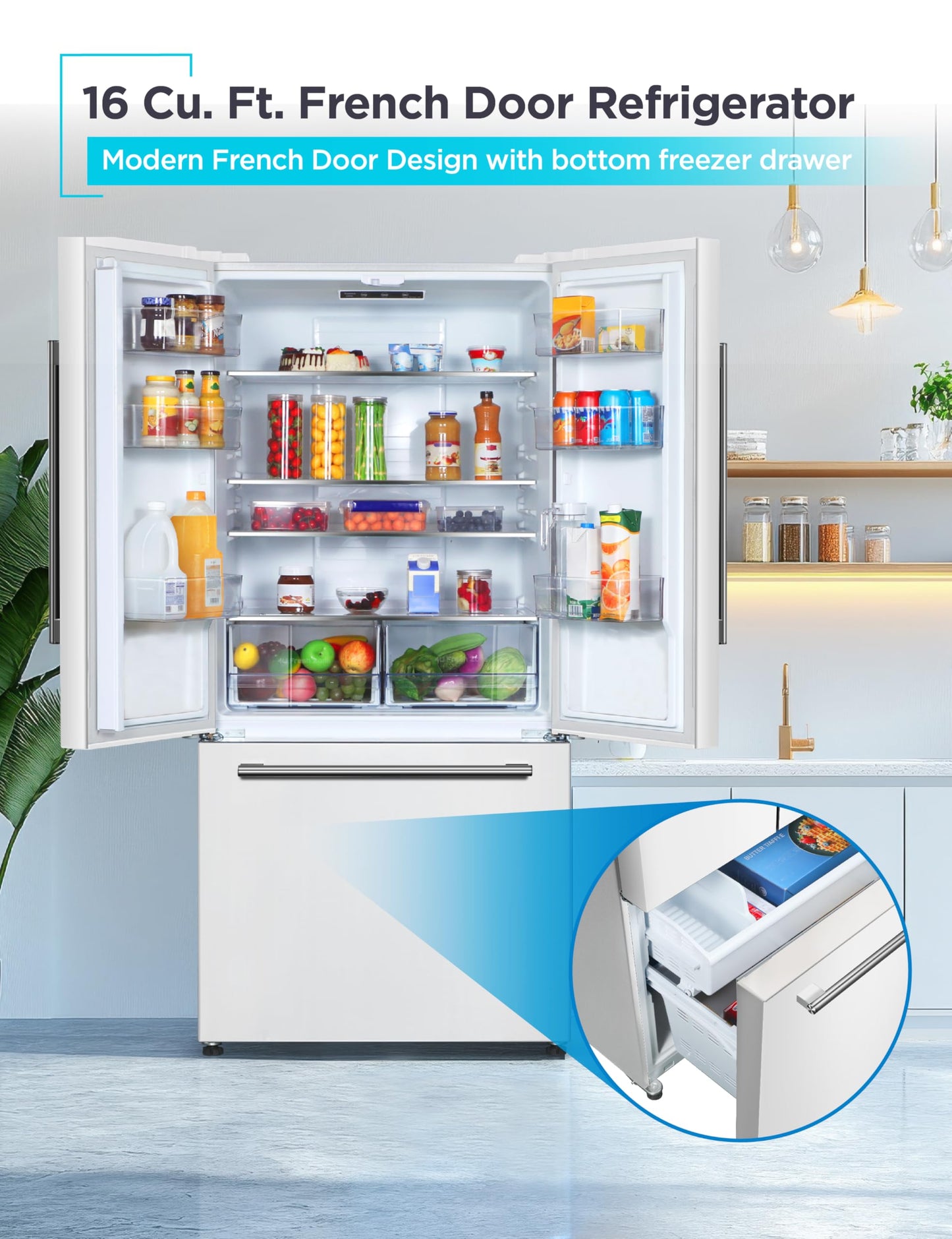 16 Cu Ft French Door Refrigerator with Ice Maker – Bottom Freezer, Energy Efficient, White