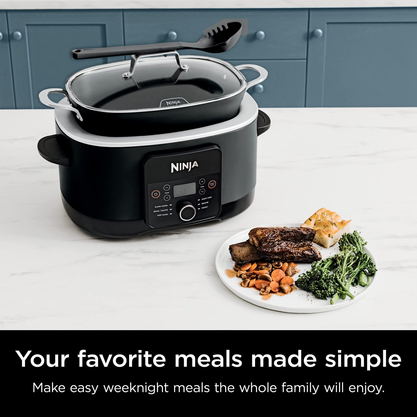8.5 Quart 6-in-1 Multi-Cooker – Sous Vide, Slow Cooker, Dutch Oven, Oven Safe Pot, Glass Lid & Spoon, Black