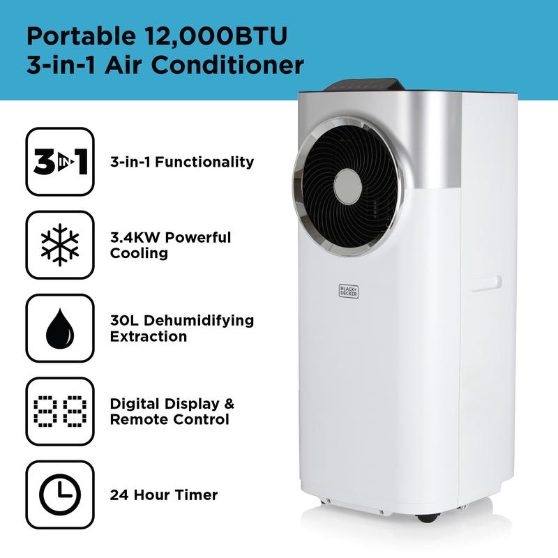 Black & Decker BXAC40008GB 12000 BTU Portable 3-in-1 Air Conditioner, Dehumidifier & Cooling Fan, White