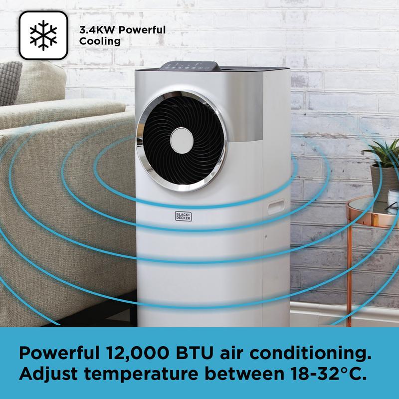 Black & Decker BXAC40008GB 12000 BTU Portable 3-in-1 Air Conditioner, Dehumidifier & Cooling Fan, White