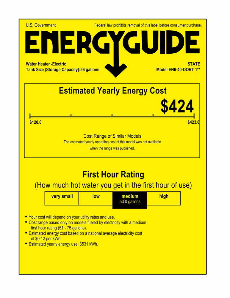 State Proline Series 40 Gallon Capacity 4.5 kW Heating Input Tall Electric Water Heater