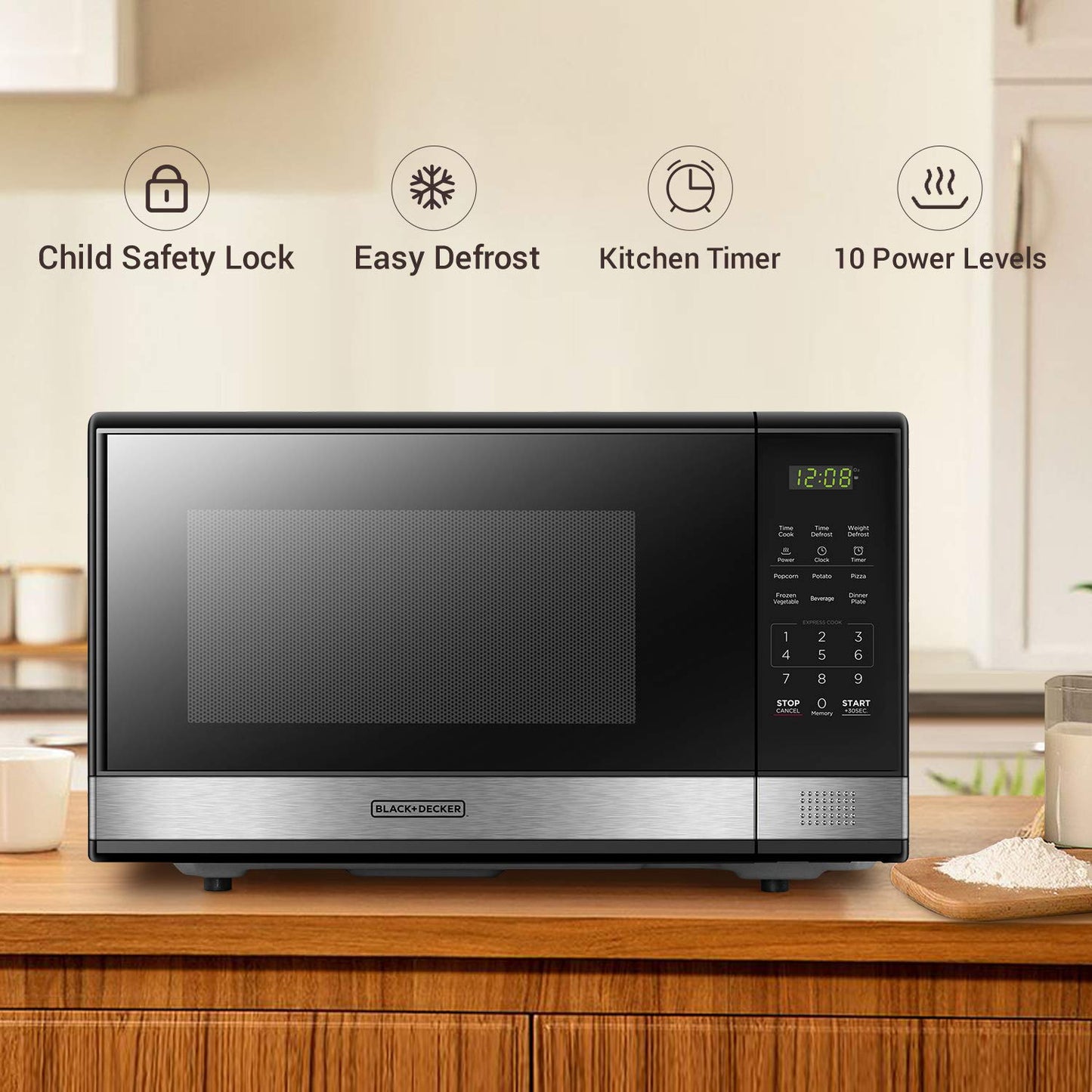 1.1 Cu Ft Digital Microwave Oven – 1000W, Push-Button Door, Turntable, Child Safety Lock, Black Stainless Steel