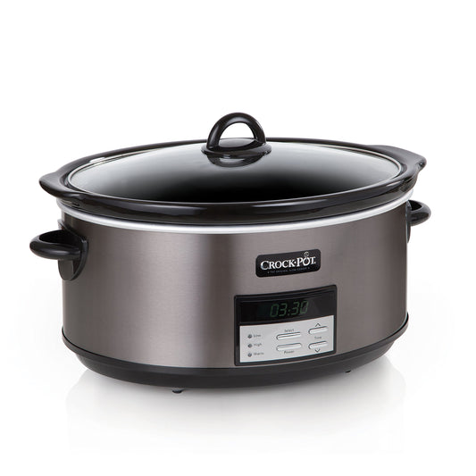 8 Quart Programmable Slow Cooker – Large Capacity, Digital Controls, Auto Warm Setting, Black Stainless Steel